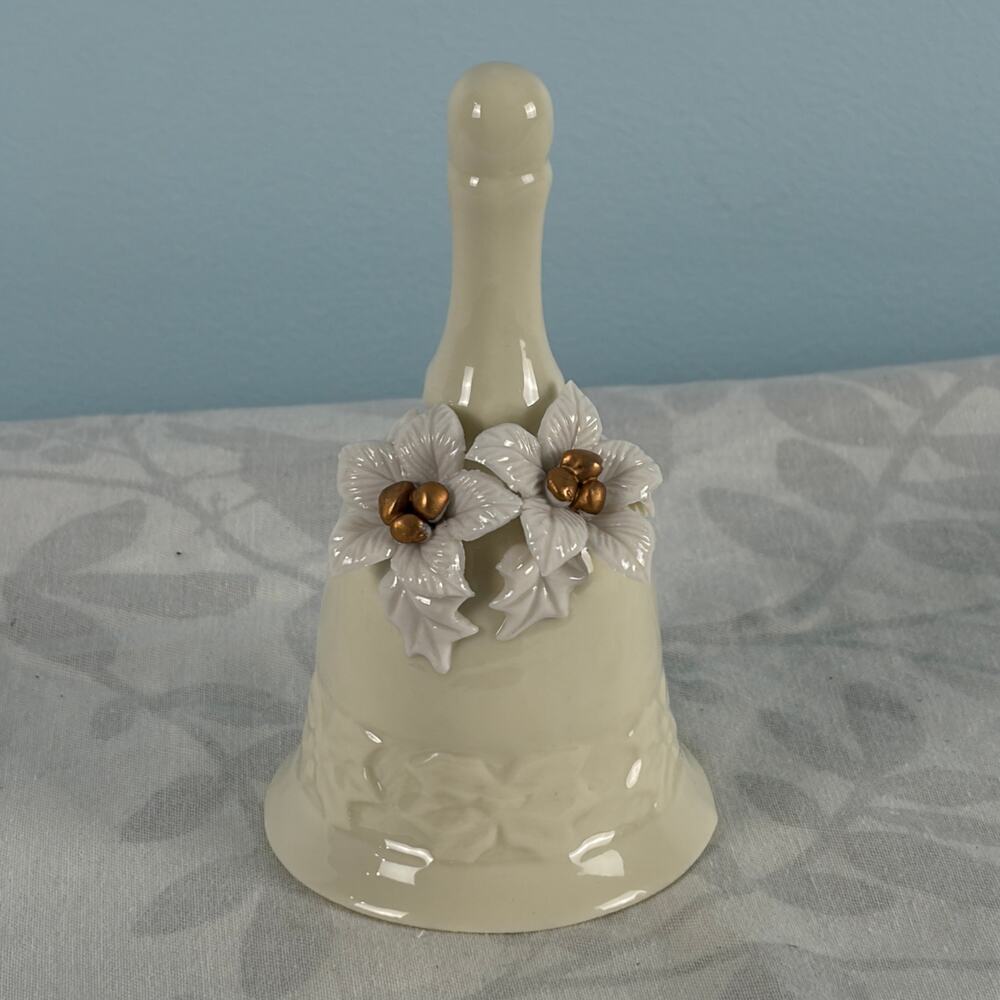 Vintage Giftco Porcelain Christmas Bell White Holly Gold Flowers